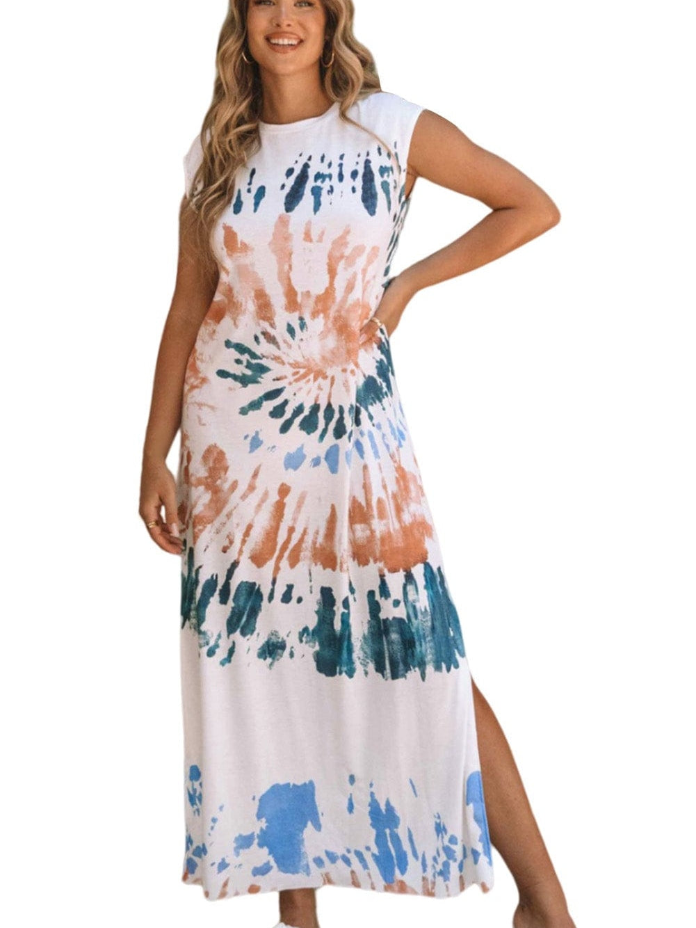 Summer White Tie Dye Maxi Dress with Cap Sleeves and Slit Detail