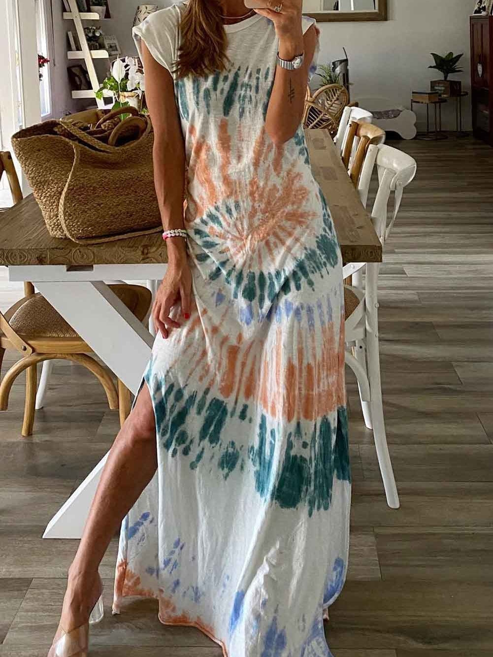 Summer White Tie Dye Maxi Dress with Cap Sleeves and Slit Detail