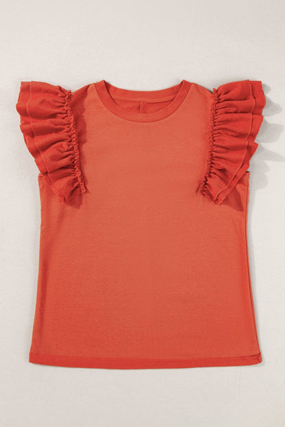 Sun-Kissed Orange Ruffle Sleeve Crew Neck Tee