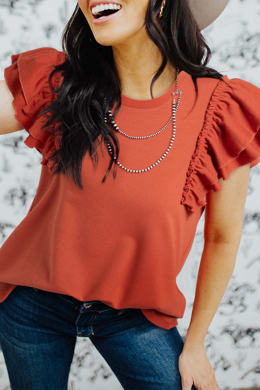 Sun-Kissed Orange Ruffle Sleeve Crew Neck Tee