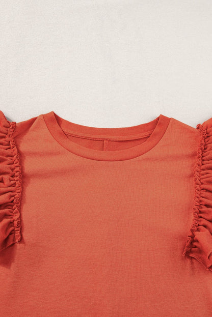 Sun-Kissed Orange Ruffle Sleeve Crew Neck Tee