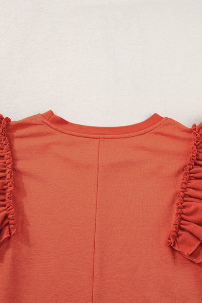 Sun-Kissed Orange Ruffle Sleeve Crew Neck Tee