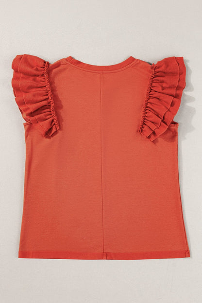 Sun-Kissed Orange Ruffle Sleeve Crew Neck Tee