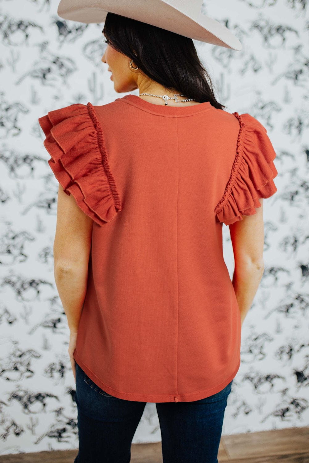 Sun-Kissed Orange Ruffle Sleeve Crew Neck Tee