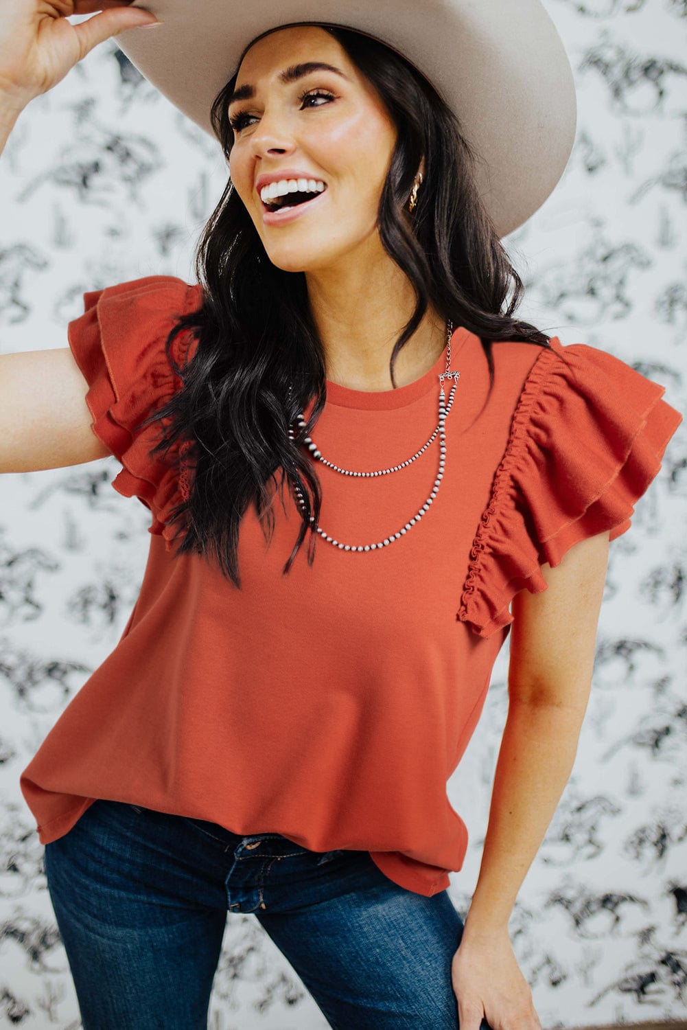 Sun-Kissed Orange Ruffle Sleeve Crew Neck Tee