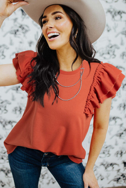 Sun-Kissed Orange Ruffle Sleeve Crew Neck Tee