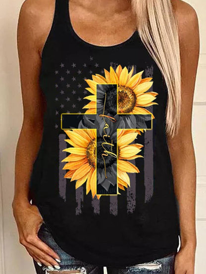 Tank Tops - Sunflower Cross Print Round Neck Sleeveless Tank Tops - MsDressly