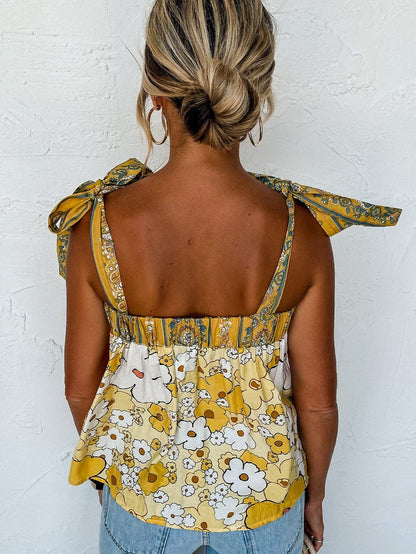 Sunflower Fields Tie-Strap Patchwork Tank Top