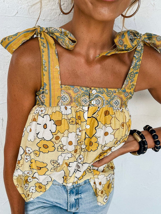 Sunflower Fields Tie-Strap Patchwork Tank Top