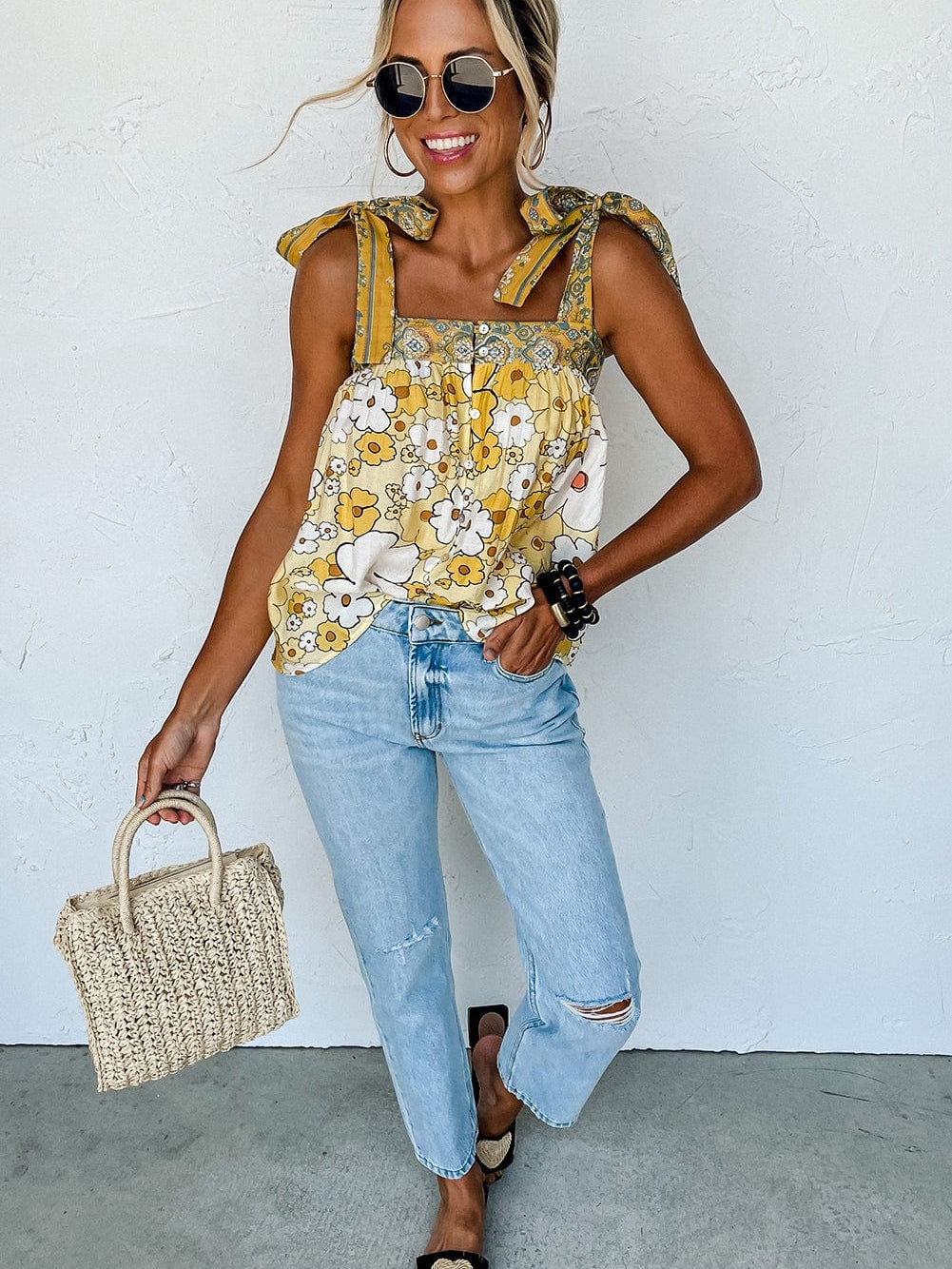 Sunflower Fields Tie-Strap Patchwork Tank Top