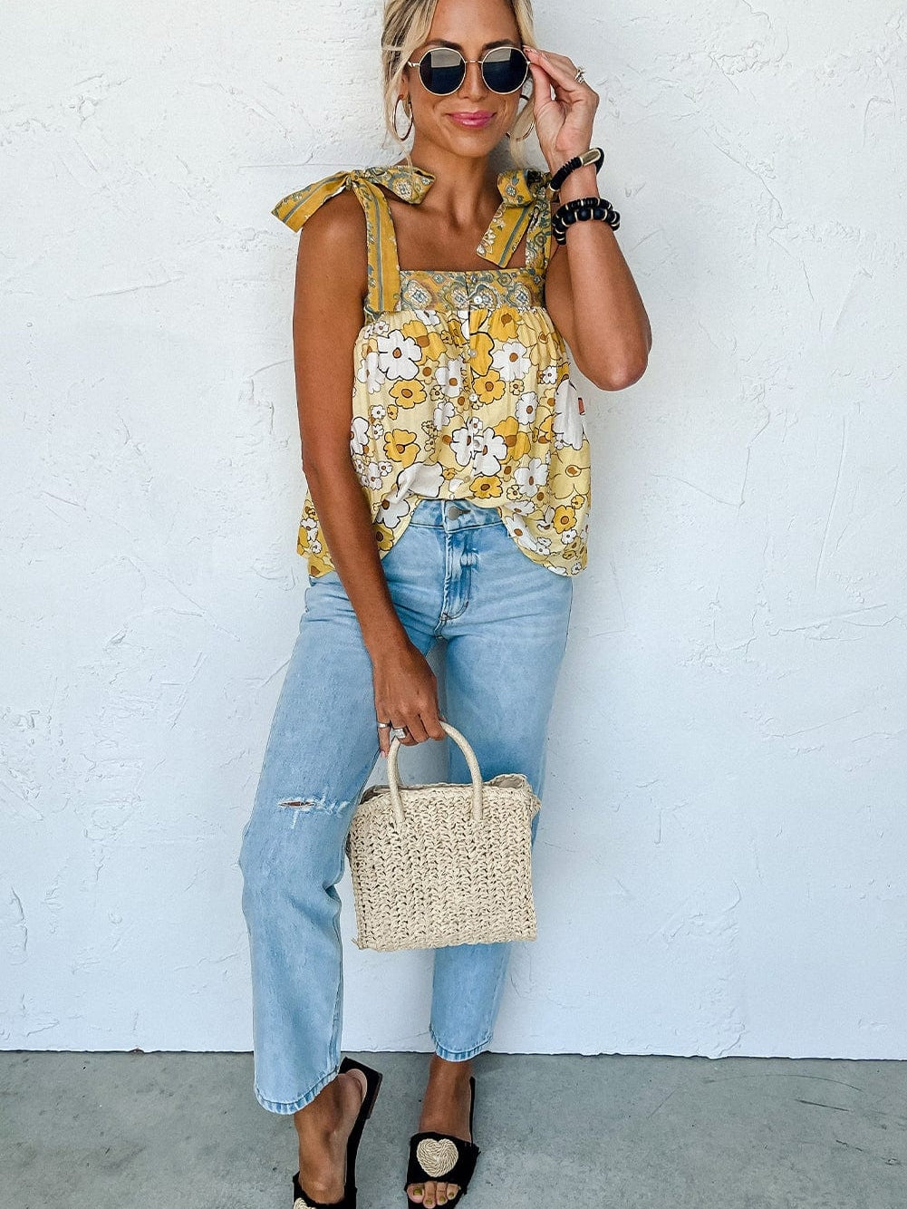 Sunflower Fields Tie-Strap Patchwork Tank Top