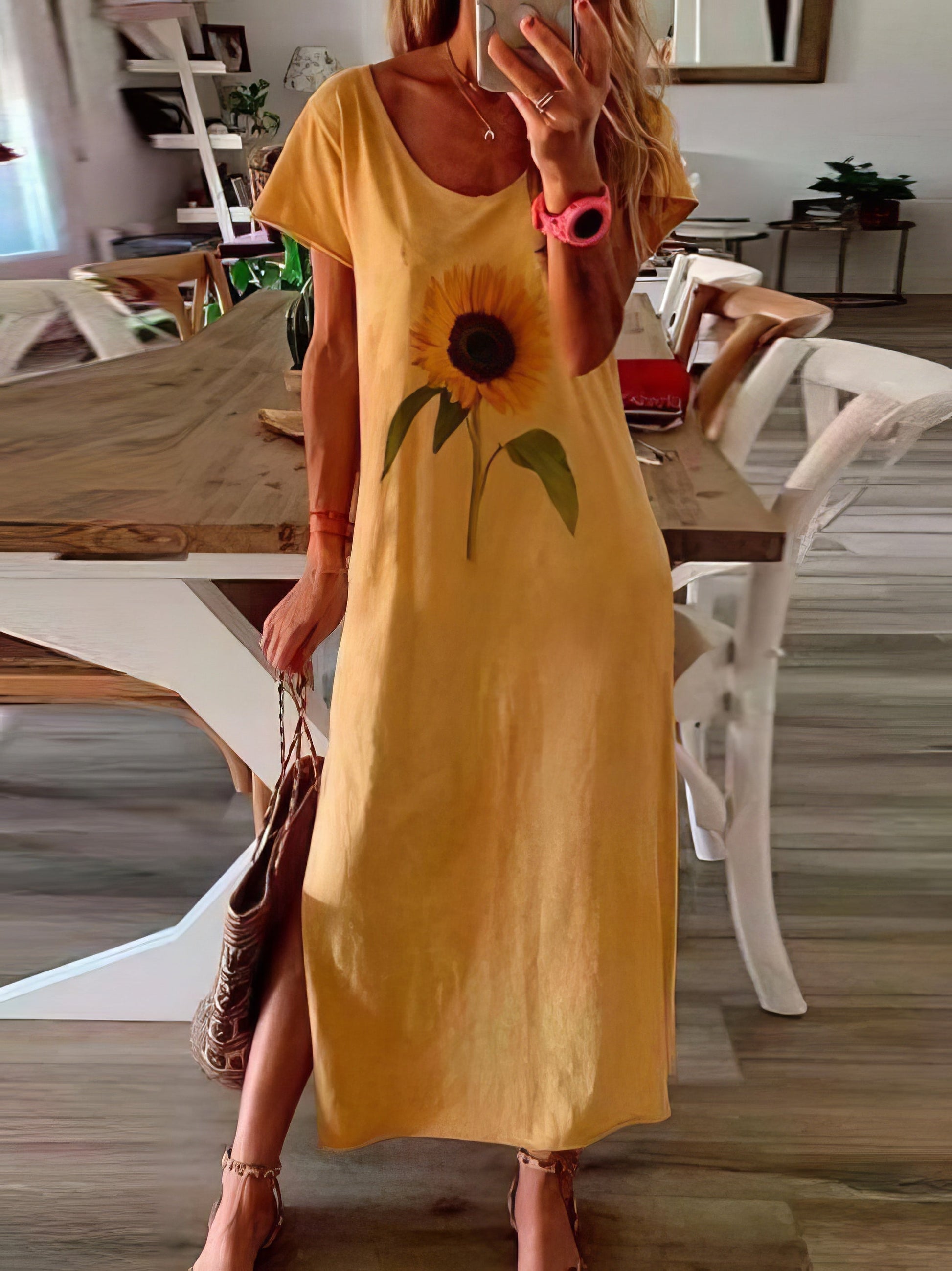 Maxi Dresses - Sunflower Print Short-sleeved Slit Dress - MsDressly