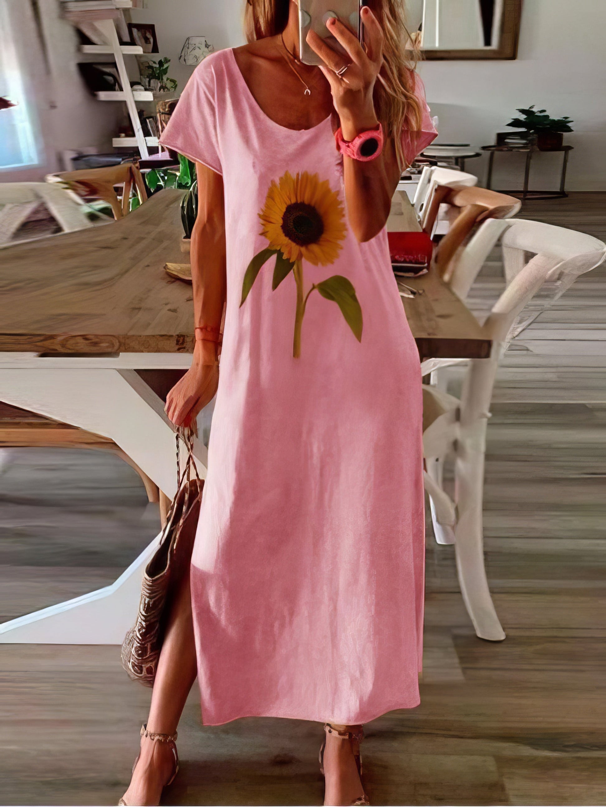 Maxi Dresses - Sunflower Print Short-sleeved Slit Dress - MsDressly
