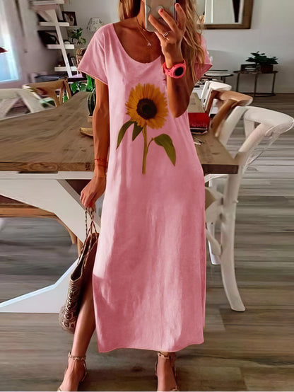 Maxi Dresses - Sunflower Print Short-sleeved Slit Dress - MsDressly
