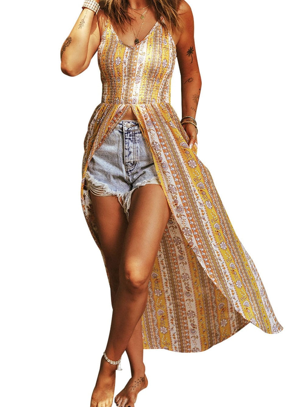 Sunny Bohemian Flower Print Ruched Front Split Maxi Camisole