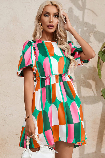 Sunny Geometric Print Puff Sleeve Mini Dress