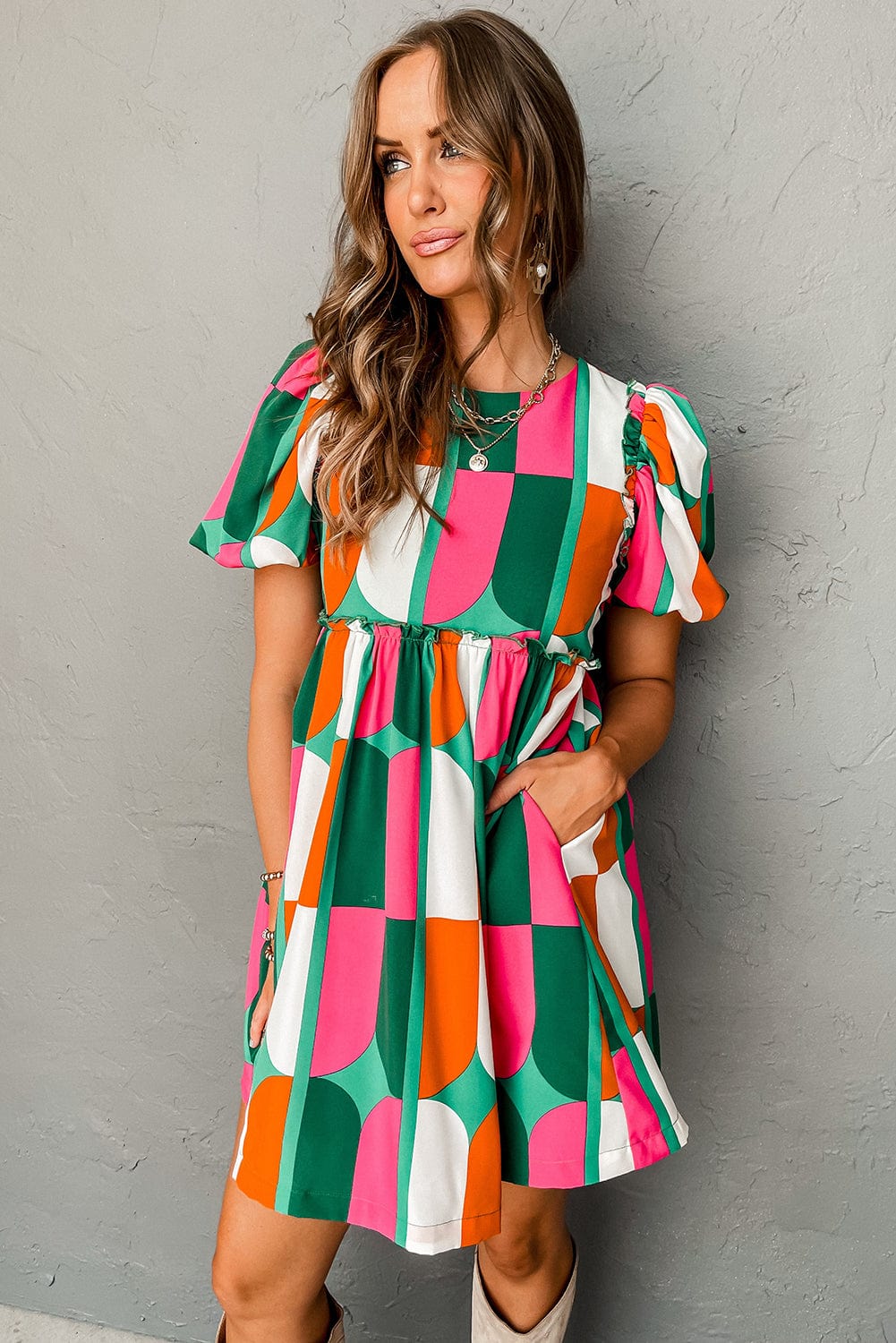 Sunny Geometric Print Puff Sleeve Mini Dress
