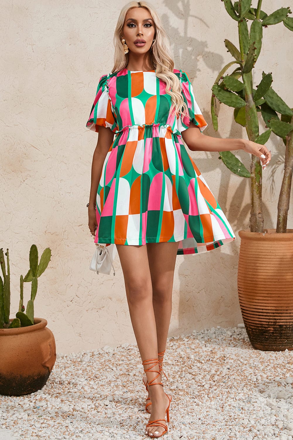 Sunny Geometric Print Puff Sleeve Mini Dress
