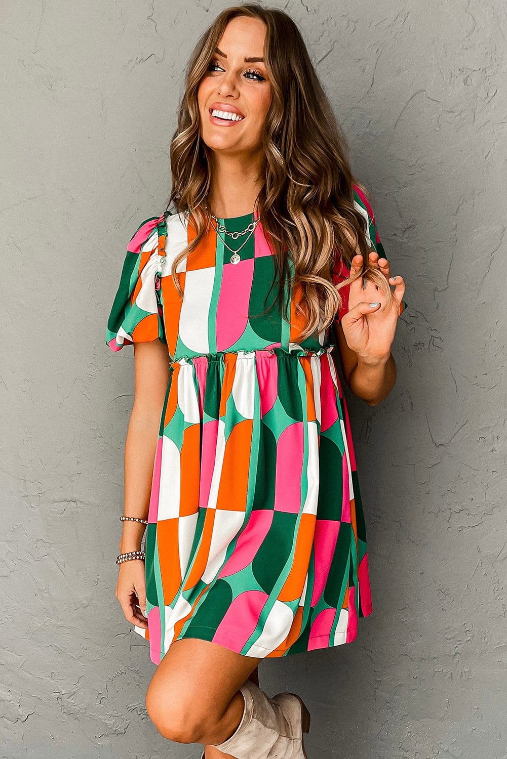Sunny Geometric Print Puff Sleeve Mini Dress