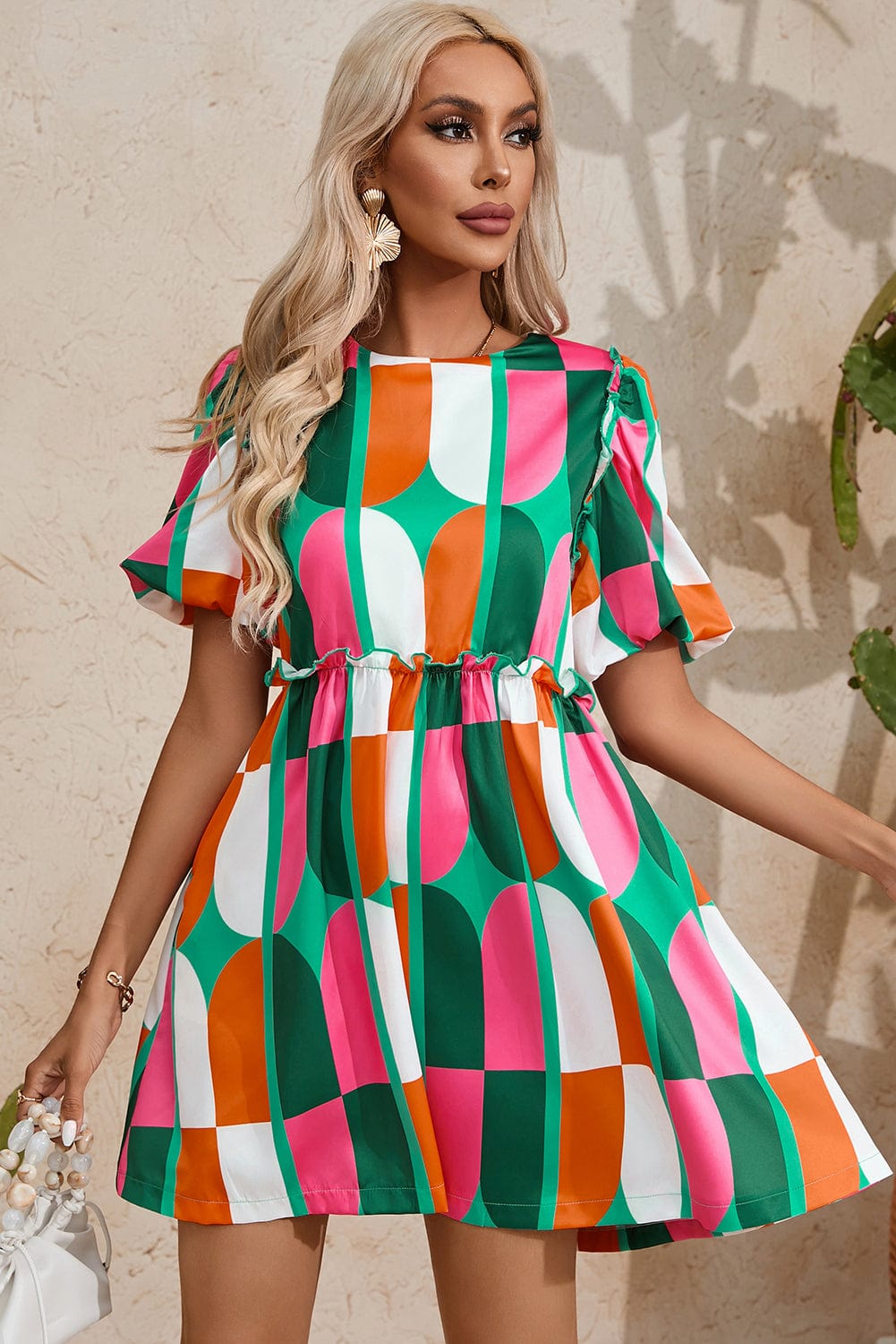 Sunny Geometric Print Puff Sleeve Mini Dress