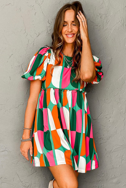 Sunny Geometric Print Puff Sleeve Mini Dress