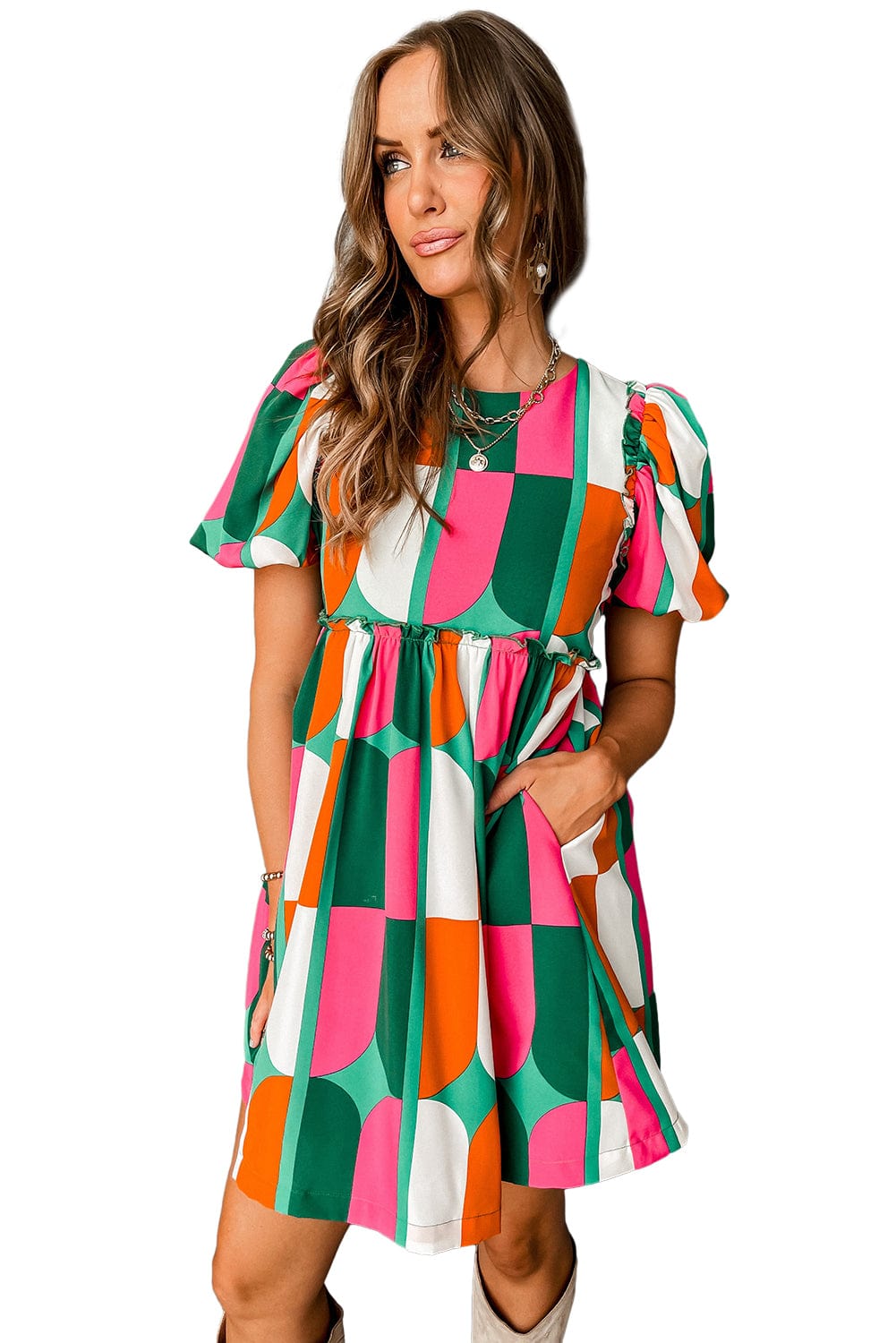 Sunny Geometric Print Puff Sleeve Mini Dress