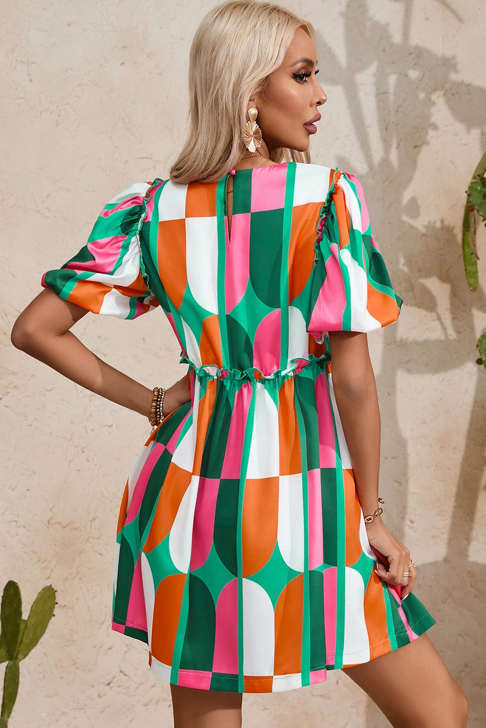 Sunny Geometric Print Puff Sleeve Mini Dress
