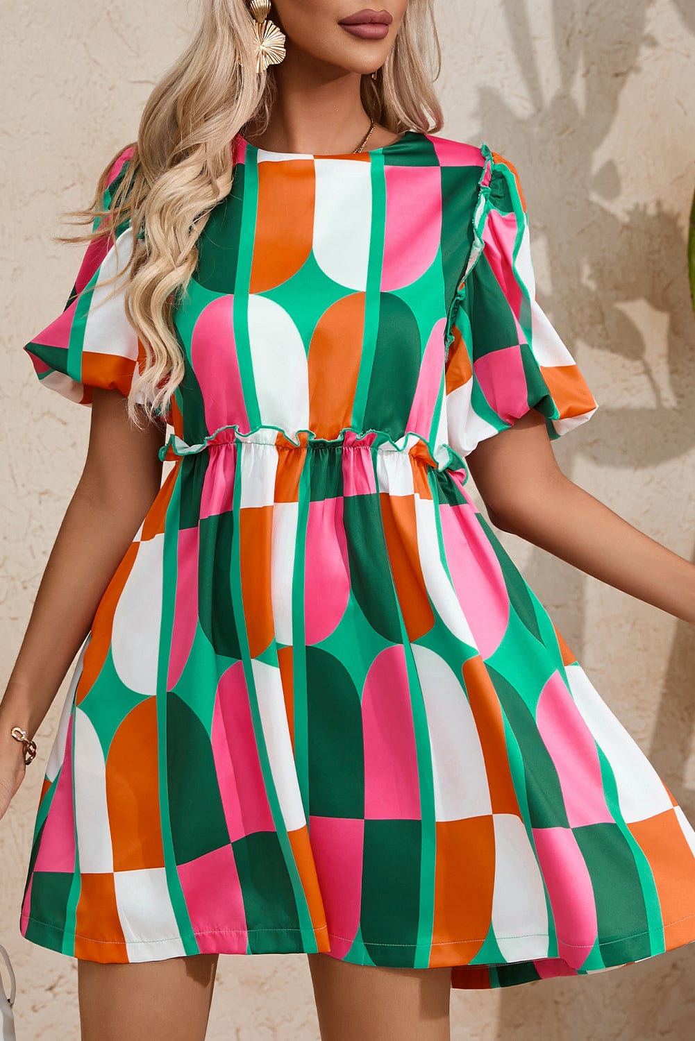 Sunny Geometric Print Puff Sleeve Mini Dress