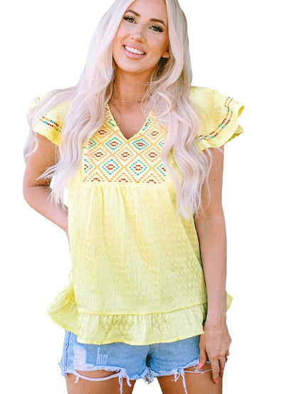 Sunny Yellow Embroidered Ruffle Top with Geometric Details