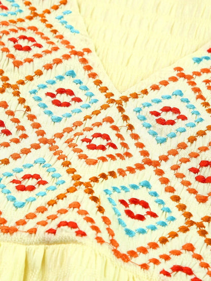 Sunny Yellow Embroidered Ruffle Top with Geometric Details