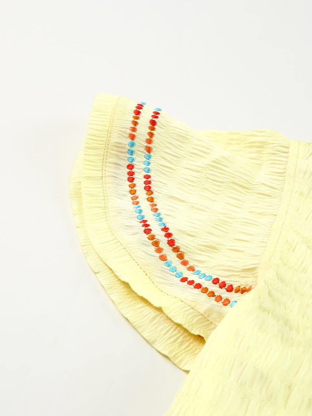 Sunny Yellow Embroidered Ruffle Top with Geometric Details
