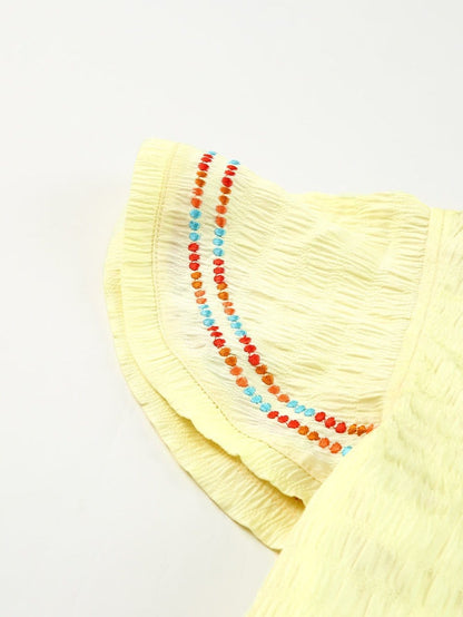 Sunny Yellow Embroidered Ruffle Top with Geometric Details