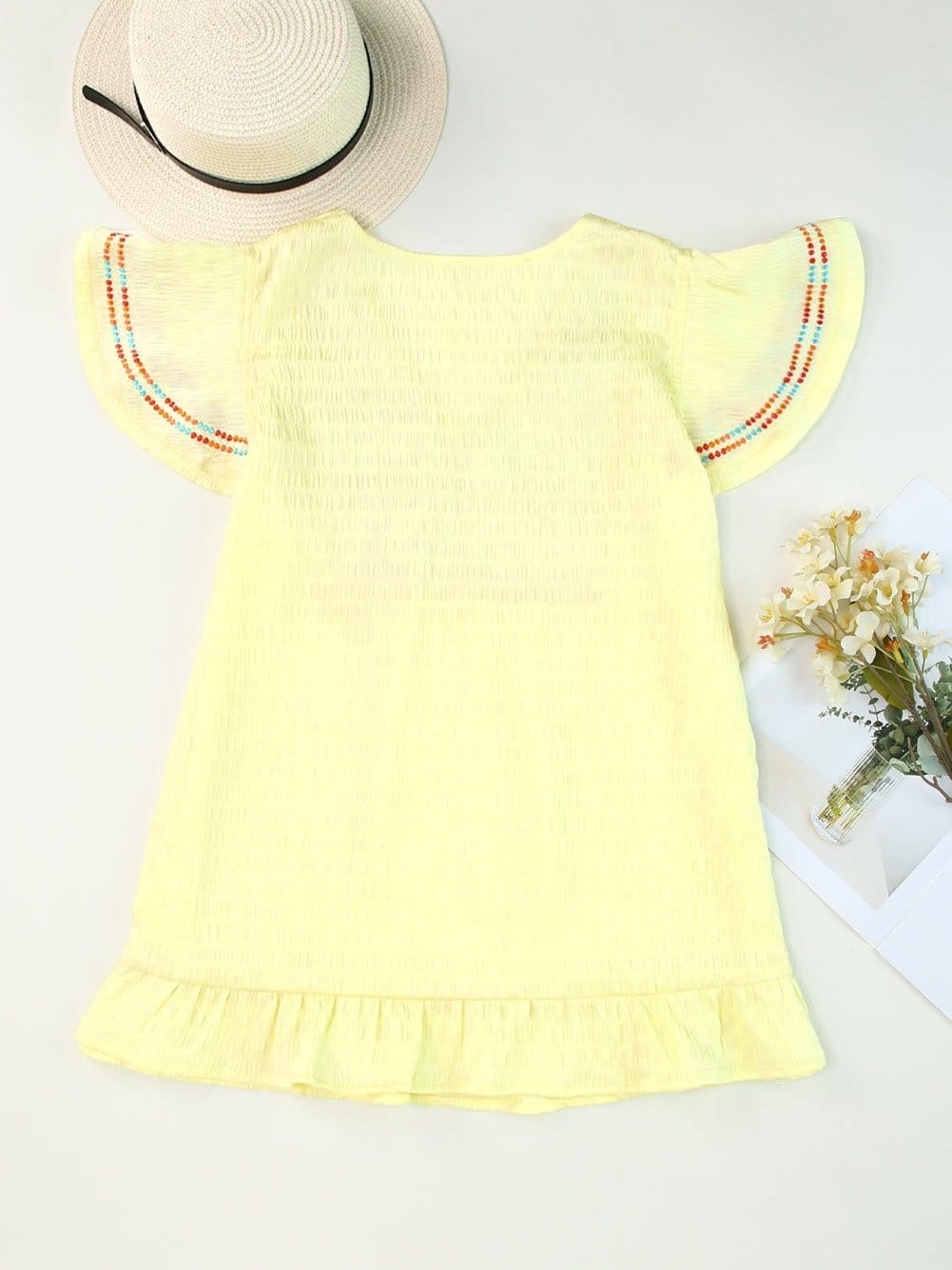 Sunny Yellow Embroidered Ruffle Top with Geometric Details