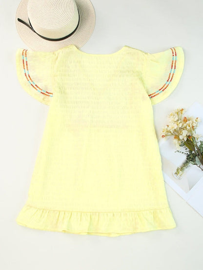 Sunny Yellow Embroidered Ruffle Top with Geometric Details