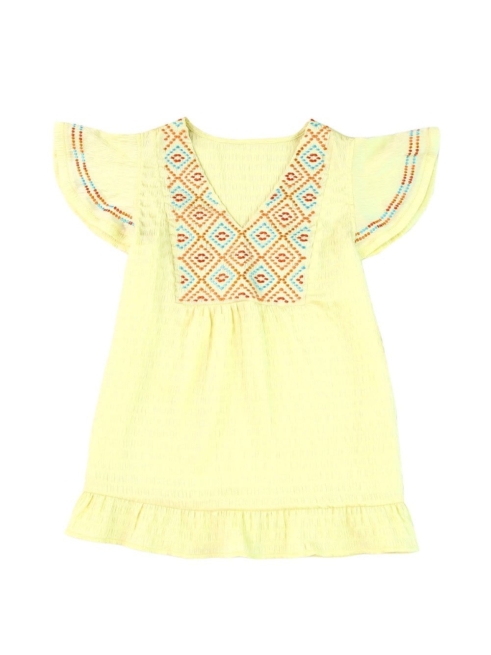 Sunny Yellow Embroidered Ruffle Top with Geometric Details