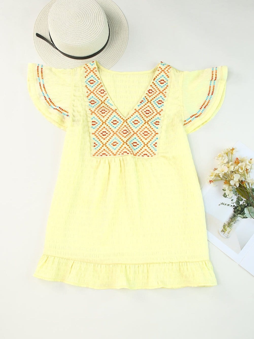 Sunny Yellow Embroidered Ruffle Top with Geometric Details