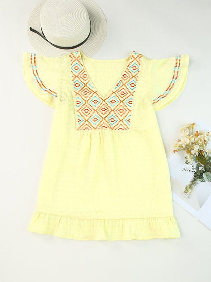 Sunny Yellow Embroidered Ruffle Top with Geometric Details