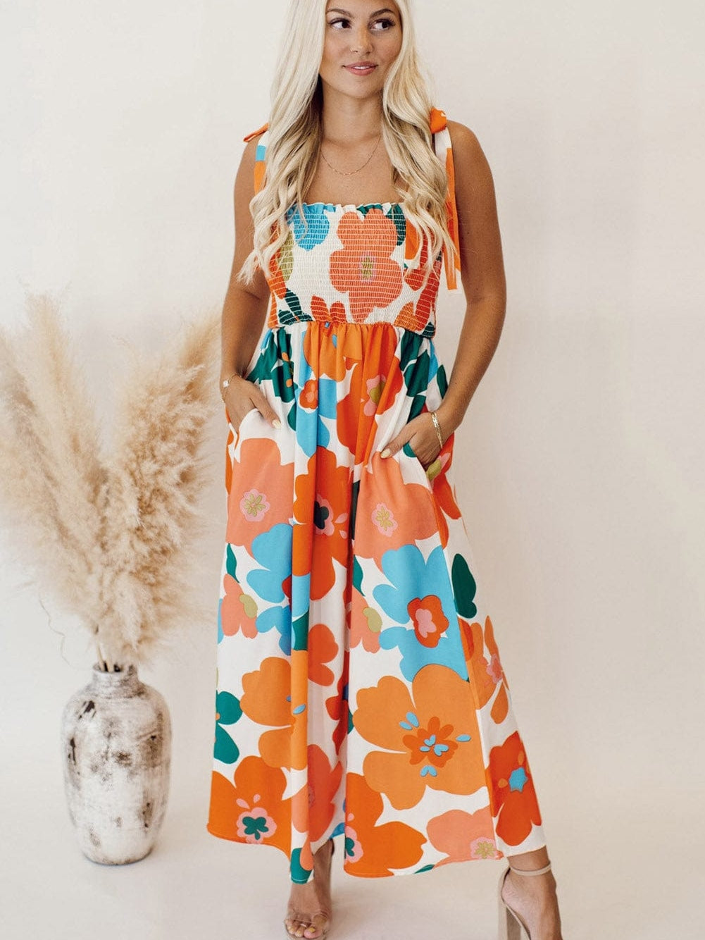 Sunshine Blossom Smocked Bodice Maxi Dress with Self-Tie Straps