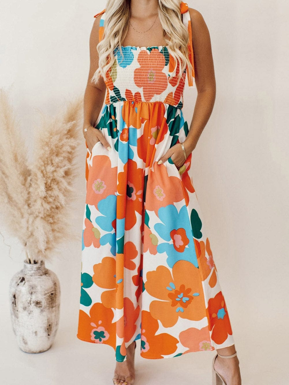 Sunshine Blossom Smocked Bodice Maxi Dress with Self-Tie Straps