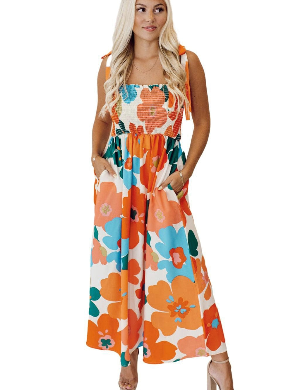 Sunshine Blossom Smocked Bodice Maxi Dress with Self-Tie Straps