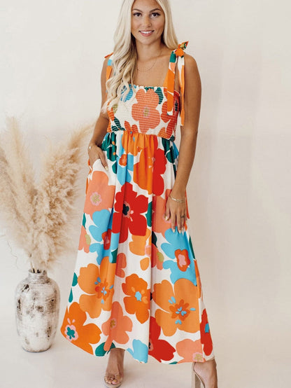 Sunshine Blossom Smocked Bodice Maxi Dress with Self-Tie Straps