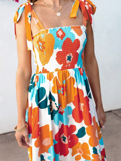 Sunshine Blossom Smocked Bodice Maxi Dress with Self-Tie Straps