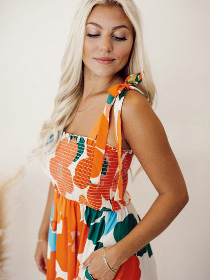 Sunshine Blossom Smocked Bodice Maxi Dress with Self-Tie Straps