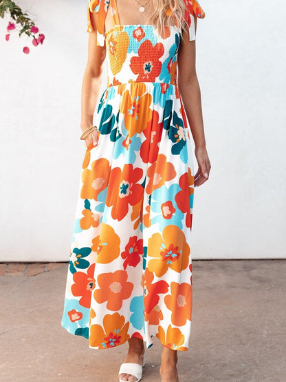 Sunshine Blossom Smocked Bodice Maxi Dress with Self-Tie Straps