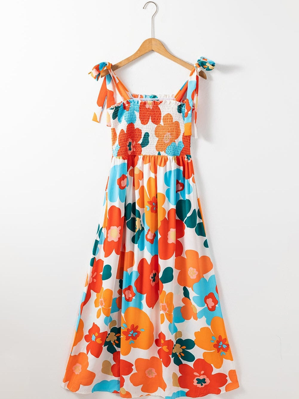 Sunshine Blossom Smocked Bodice Maxi Dress with Self-Tie Straps