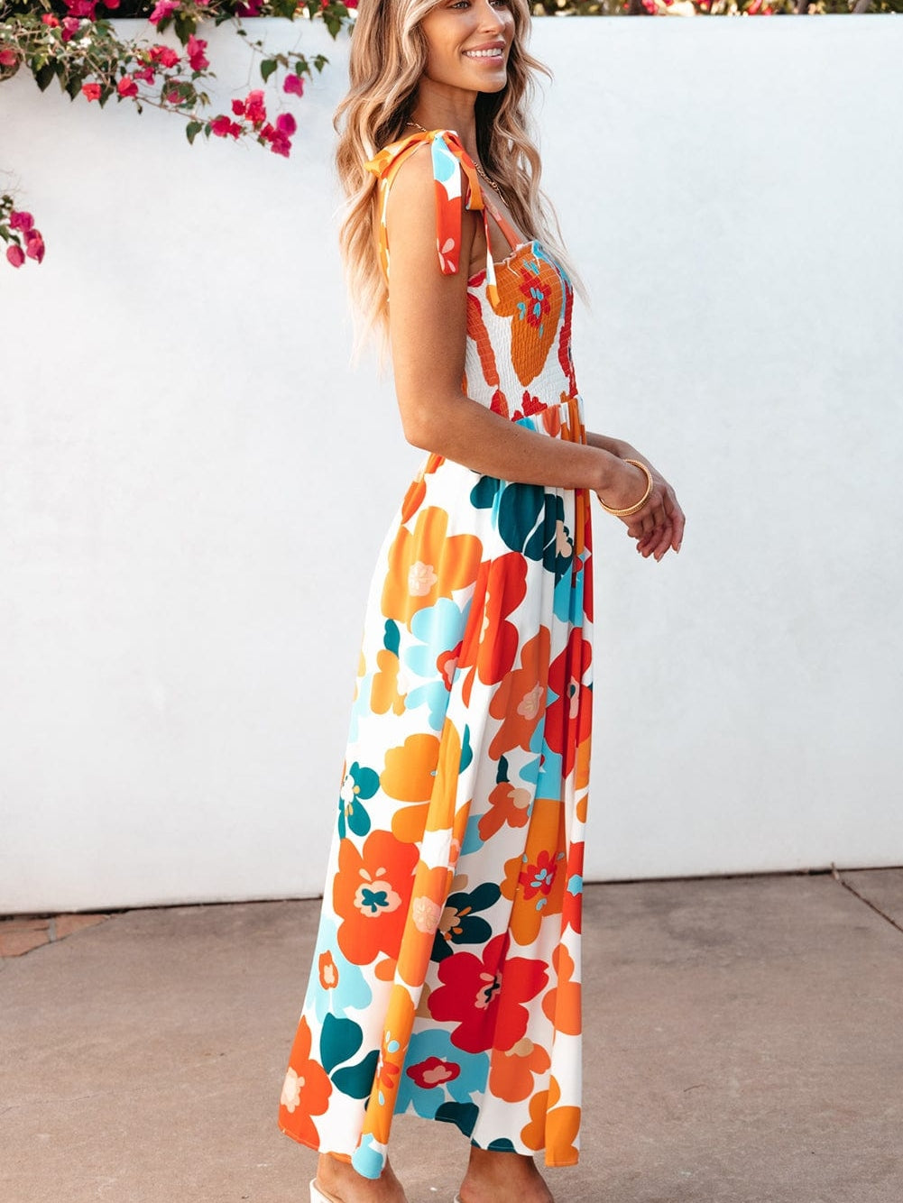 Sunshine Blossom Smocked Bodice Maxi Dress with Self-Tie Straps