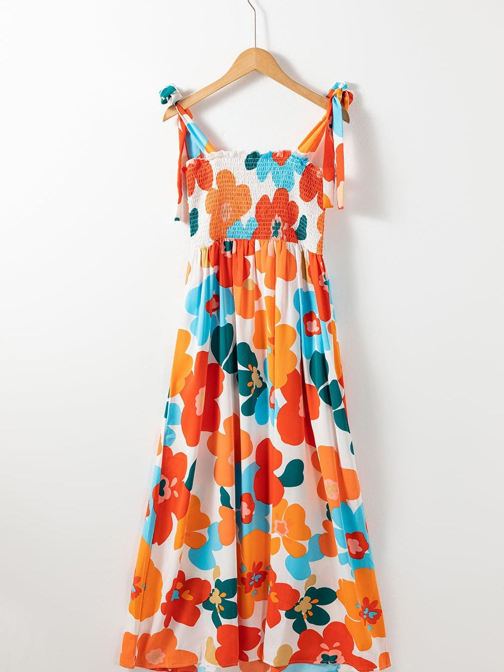 Sunshine Blossom Smocked Bodice Maxi Dress with Self-Tie Straps