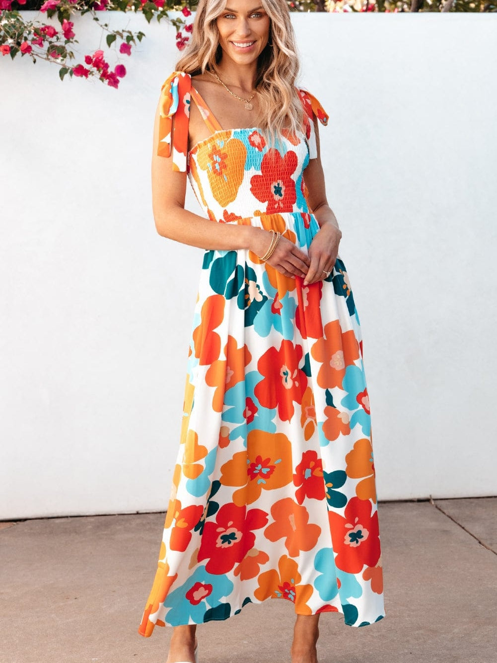 Sunshine Blossom Smocked Bodice Maxi Dress with Self-Tie Straps