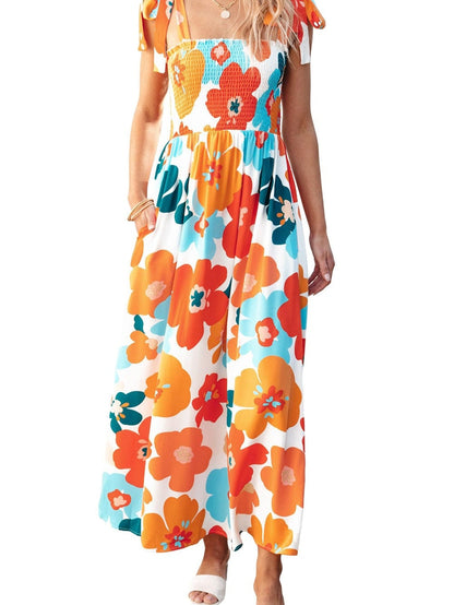 Sunshine Blossom Smocked Bodice Maxi Dress with Self-Tie Straps