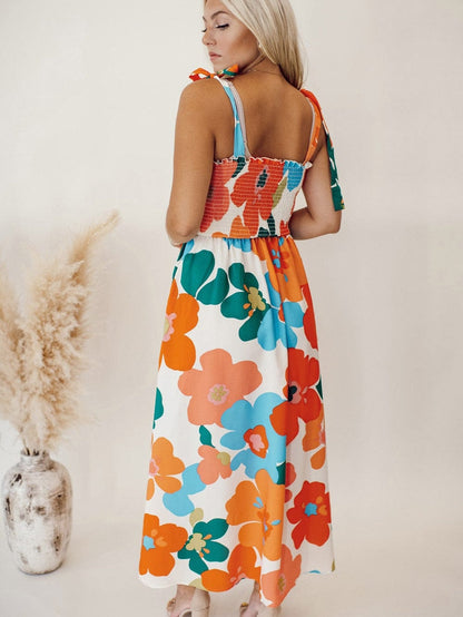 Sunshine Blossom Smocked Bodice Maxi Dress with Self-Tie Straps